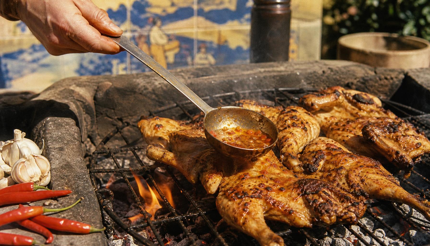 Piri-piri-kyckling penslas med marinad över glödande kolgrill