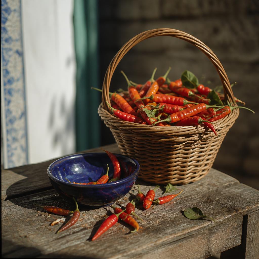 Korg full av små röda piri-piri-chili och en blå skål
